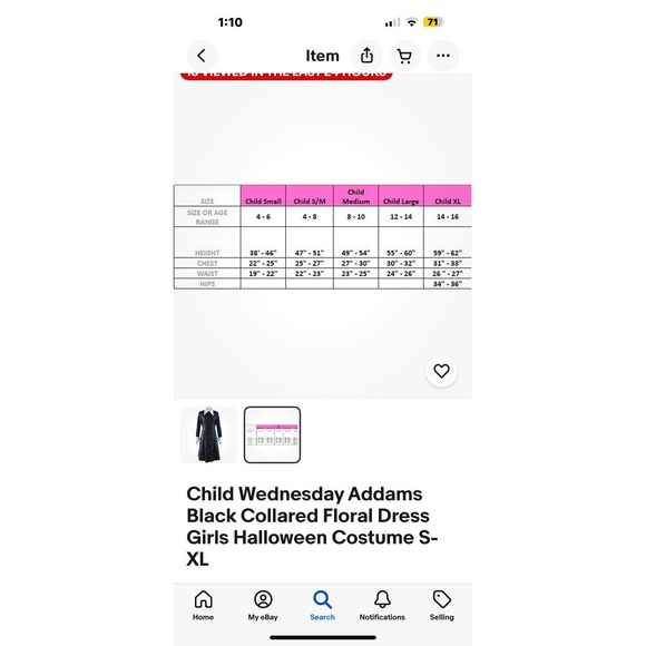 Child Wednesday Addams Black Collared Dress Girls Halloween Costume No Tag READ‎ - Picture 9 of 9